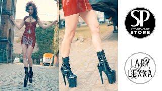 WALKING IN LATEX DRESS AND SHINY PLEASER HIGH HEELS BOOTS FROM STYLEPLANET FASHION STORE. GFB BERLIN