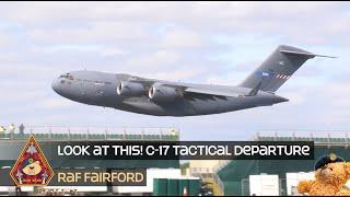 HOLY SALMON! C-17 TACTICAL DEPARTURE COMBAT STYLE TAKEOFF WITH WING WAVE • SAC HEAVY AIRLIFT WING