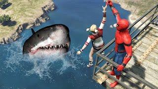 GTA 5 Epic Ragdolls | MEGALODON vs SPIDERMAN Jumps/Fails ep.135 (Funny Moments)