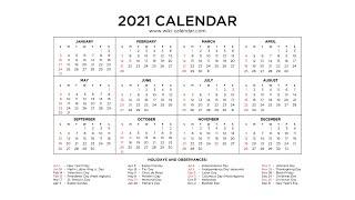 Free Printable Year 2021 Calendar with Holidays - Wiki Calendar