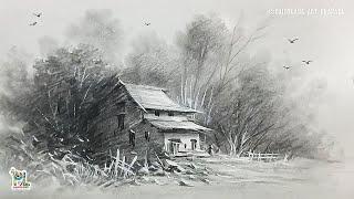 How to draw house with rough pencil strokes