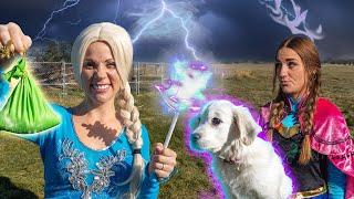 Magic Pretend Play with Elsa, Anna, and Golden Retriever Puppy!