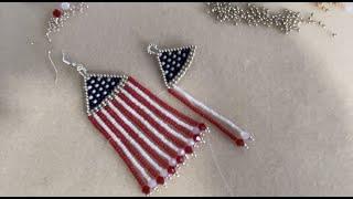 Tutorial American flag fringed earrings ,Miyuki seed bead & crystal stars & stripes handmade