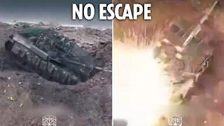 Russian tank hunted by drones becomes sitting duck after getting stuck in crater