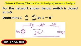 For the network shown below switch is closed at t=0.  Determine 𝒊,    𝒅𝒊/𝒅𝒕