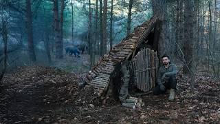 Bushcraft SOLO Camping: Warm and Cozy Dugout Shelter Build for Survival. The Boar Attack at Night!