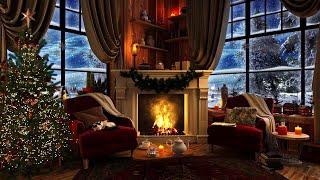 Christmas Cabin Ambience - Crackling Fireplace with Snowstorm | 3 Hours