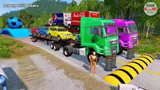 Double Flatbed Trailer Truck cars vs rails tractor vs train cars vs bollards Beamng Drive 303