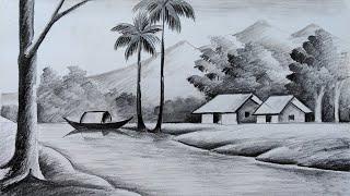 how to draw easy pencil sketch scenery,landfscape pahar and river side scenery drawing,