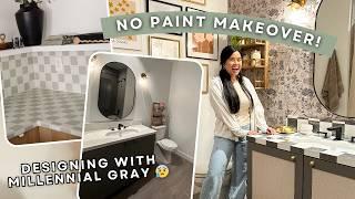 DIY BATHROOM MAKEOVER TRANSITIONAL STYLE *NO PAINT* | vanity transformation w/ checkered marble