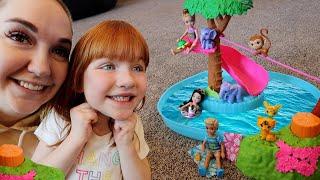 Surprise JUNGLE BiRTHDAY!!  Adley & Mom play pretend as Barbie & Chelsea! Dad is our pet Monkey 