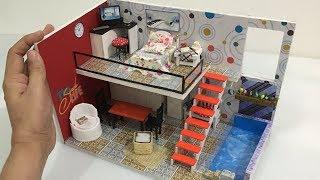 DIY MINIATURE TWO-STOREY DOLLHOUSE with bedroom, kitchen, dining and SWIMMING POOL for BARBIE DOLL