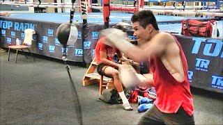 Gold medalist & world champ Daniyar Yeleussinov punishes the double end bag at Top Rank