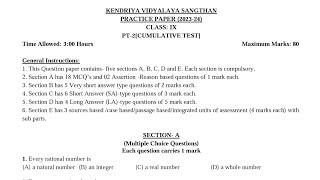 Class-9 Maths / PT-2 Half Yearly Exam Question Paper /CBSE Exam for Kendriya Vidyalaya Students