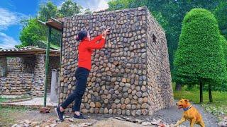 Pouring Concrete Roof & Decorate Bathroom Walls with many stone - BUILD LOG CABIN - New Life