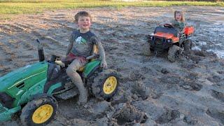 Playing in the mud with tractors | Both kids get stuck | Tractors for kids