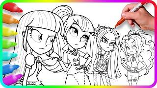 Coloring Pages EQUESTRIA GIRLS - Twilight Sparkle with Dazzlings / How to color My Little Pony. MLP