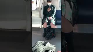 College student riding the train home in Japan