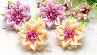 ЦВЕТЫ КАНЗАШИ ИЗ АТЛАСНЫХ ЛЕНТ  SATIN RIBBON FLOWERS  DIY KANZASHI