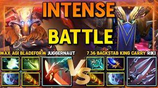 INTENSE CARRY BATTLE Between Max Agility Gain Bladeform Juggernaut Vs. Backstab King Riki 7.36 DotA2