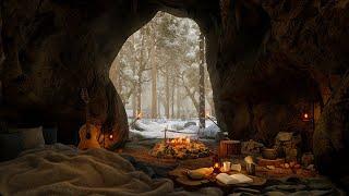 Fall Asleep In A Cozy Snowy Forest Cave️Winter Ambience With Calming Bonfire & Winter Wind Sounds