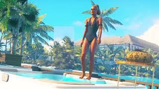 Ljudmila Vetrova One-Piece Black Swimsuit Body Outside Hot Tub Tropical Island Scene (Moving Effect)