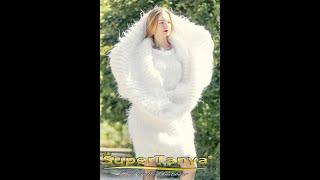 Oversized white cowlneck dress hand knitted with fuzzy mohair, designed by SuperTanya