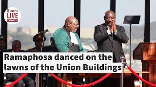 President Ramaphosa celebrates and dances at the Union Building lawns