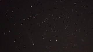 Lowlight Camera Captures 15 Starlink Satellites passing by Comet Atlas all in a row. HD Video