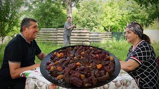 AZERBAIJAN Rural Dish - Chef is Cooking Beef with Cherry in Sadj