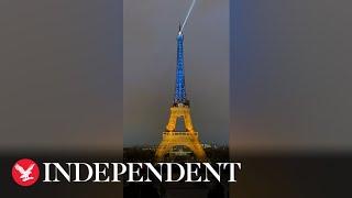 Eiffel Tower lit up as Ukrainian flag to mark war anniversary