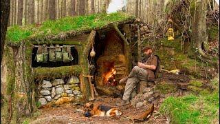 Building a Primitive Bushcraft Shelter: Camping, Outdoor FIREPLACE Cooking, Nature Sounds ASMR