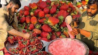 Roadside Original Strawberry Milkshake  Crushed Ice Strawberry Juice Making | Street Food Karachi