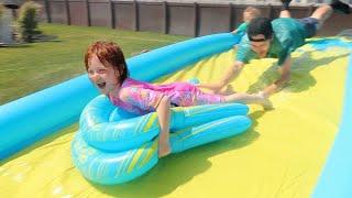 WATER SLiDE x2 with Adley & Niko!!  Ultimate Beach Day swimming at pirate island and the dino story