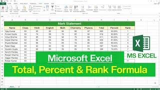 MS Excel - Total, Percent and Rank Formula | Rank Formula in Excel | Marksheet in Excel