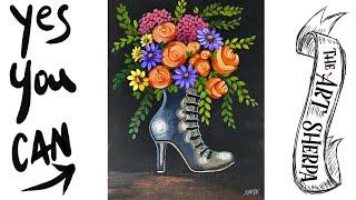 Witches boot Flowers How to Draw and Paint tutorial for Beginners 13 Days of Halloween