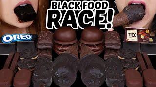 ASMR ONLY BLACK FOODS RACE! OREO ICE CREAM CONE, DARK CHOCOLATE TICO ICE CREAM, WARABI MOCHI 먹방