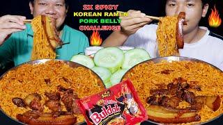 2X SPICY KOREAN RAMEN WITH PORK BELLY CHALLENGE | SPICY FOOD EATING CHALLENGE VIDEOS @tham_thapa