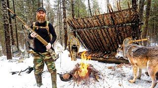 3-Days Bushcraft Winter Camping in Freezing Rain - Hunting Food, & Building Survival Shelter