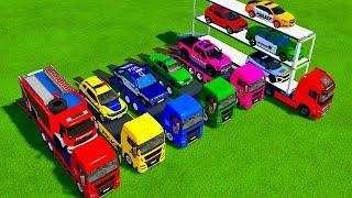 All Colors Of POLICE CAR MODELS vs FIRE TRUCKS TRANSPORTING With DOUBLE-DECKER! Farming Simulator 22