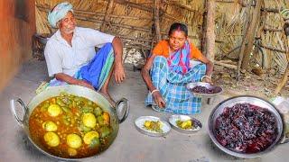 Capsicum Egg curry and Lal shak vaji cooking and eating by santali tribe couple