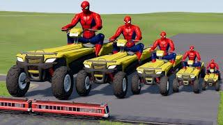 Big & Small Long Spiderman on a Quad Bike vs Trains | BeamNG.Drive