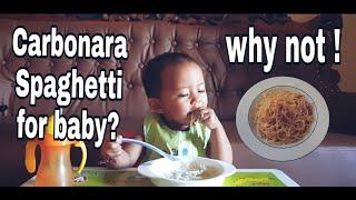 BAYI UMUR 16 BULAN MAKAN SENDIRI? | SENSORY PLAY | MOTORIK HALUS | CARBONARA SPAGHETTI