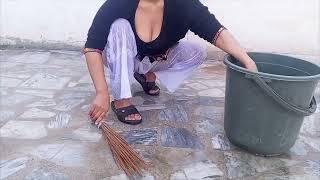 Desi Girl Hot Roof Cleaning Vlog | Pakistani Village girl Daily Routine Work | Pakfamilyvlog