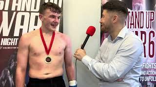 Evan Kennedy speaking with Joe Turner after his Muay Thai victory on Stand up War on 13th Apr 24