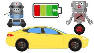 Автомеханик Роби и его новый помощник Робот Тесла ремонтируют электромобиль