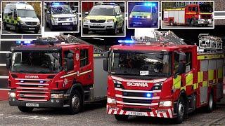 Fire engines, police cars, and ambulances responding in the UK 