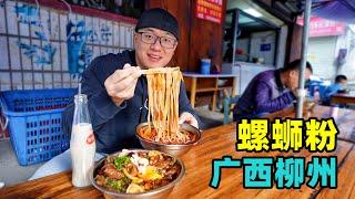 The snack snail rice noodle in Liuzhou, Guangxi广西柳州螺蛳粉，阿星吃粉一日游，酸辣浓郁汤粉，红油卤味配菜