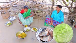 Tasty cabbage curry with Hilsha fish head recipe cooking and eating by santali tribe couple