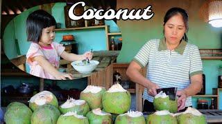 Huong makes young coconut sweet soup while her security guard husband goes to work.